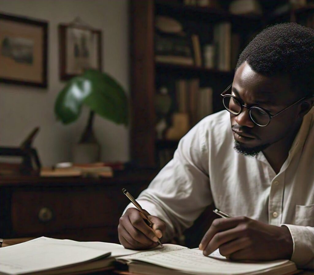 Man Journaling A_nigerian_man_sitting_at_a_desk_writing_in_a_journal_with_a_focused_expression
