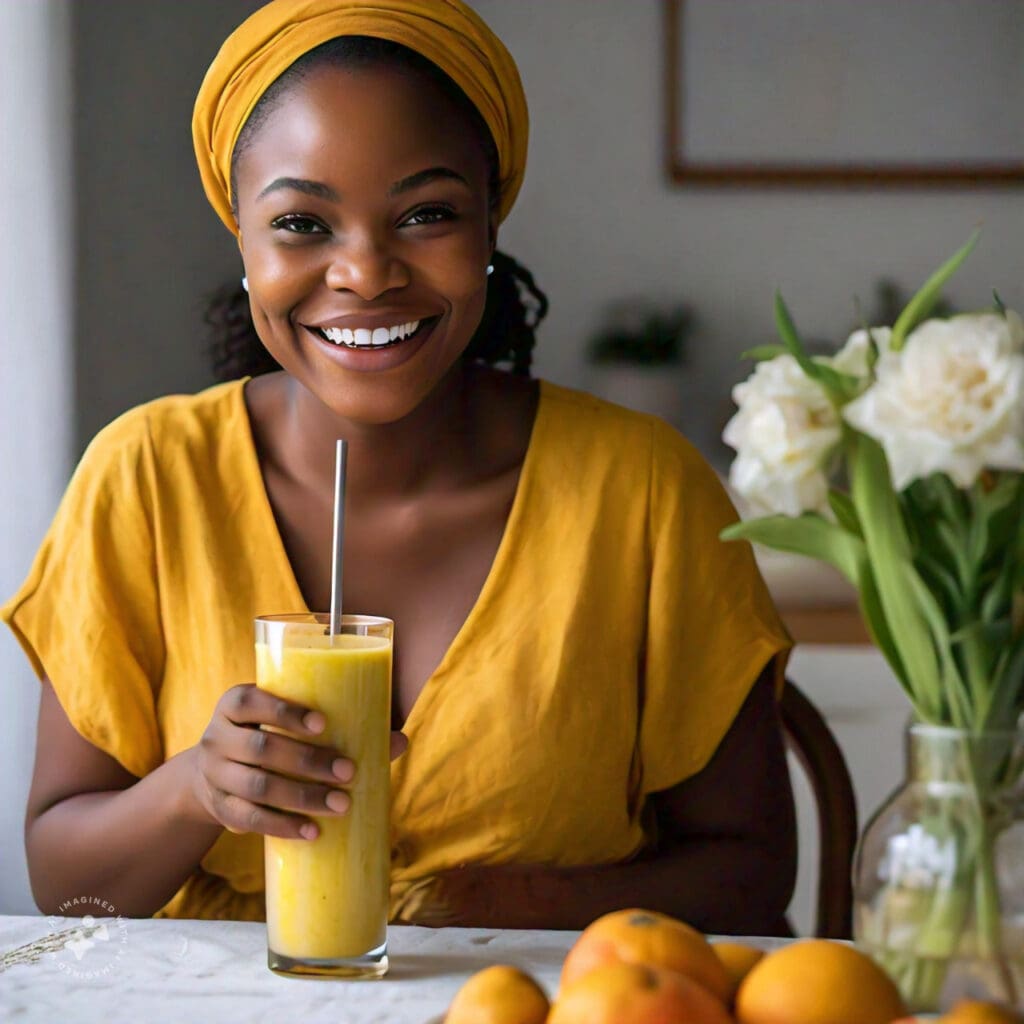 Nutritional tips for Nigerian women during menstruation 3 Nigerian woman drinking a banana and orange smoothie for a healthy start to the day during her menstrual period.