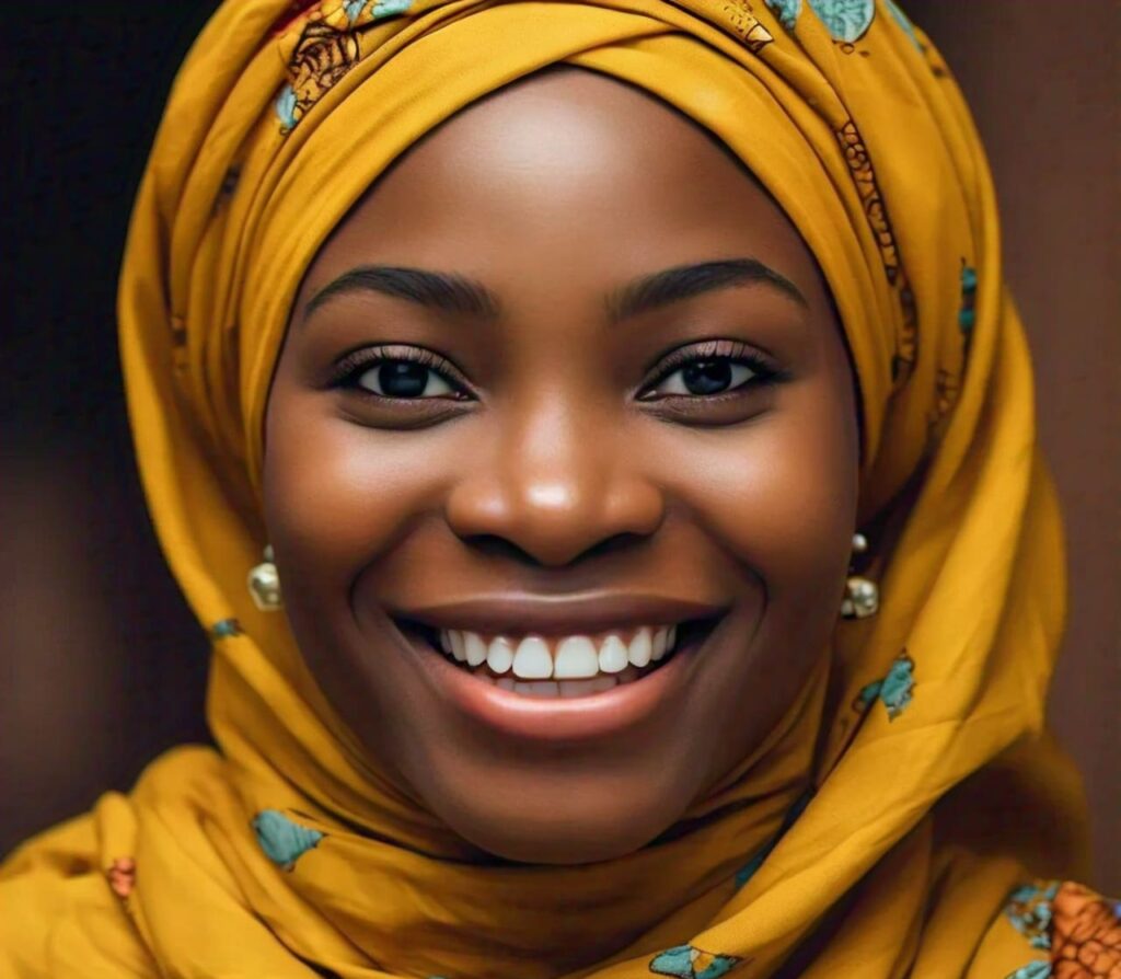 Bright and healthy smile from a Nigerian woman with clean teeth as a result of brushing twice a day