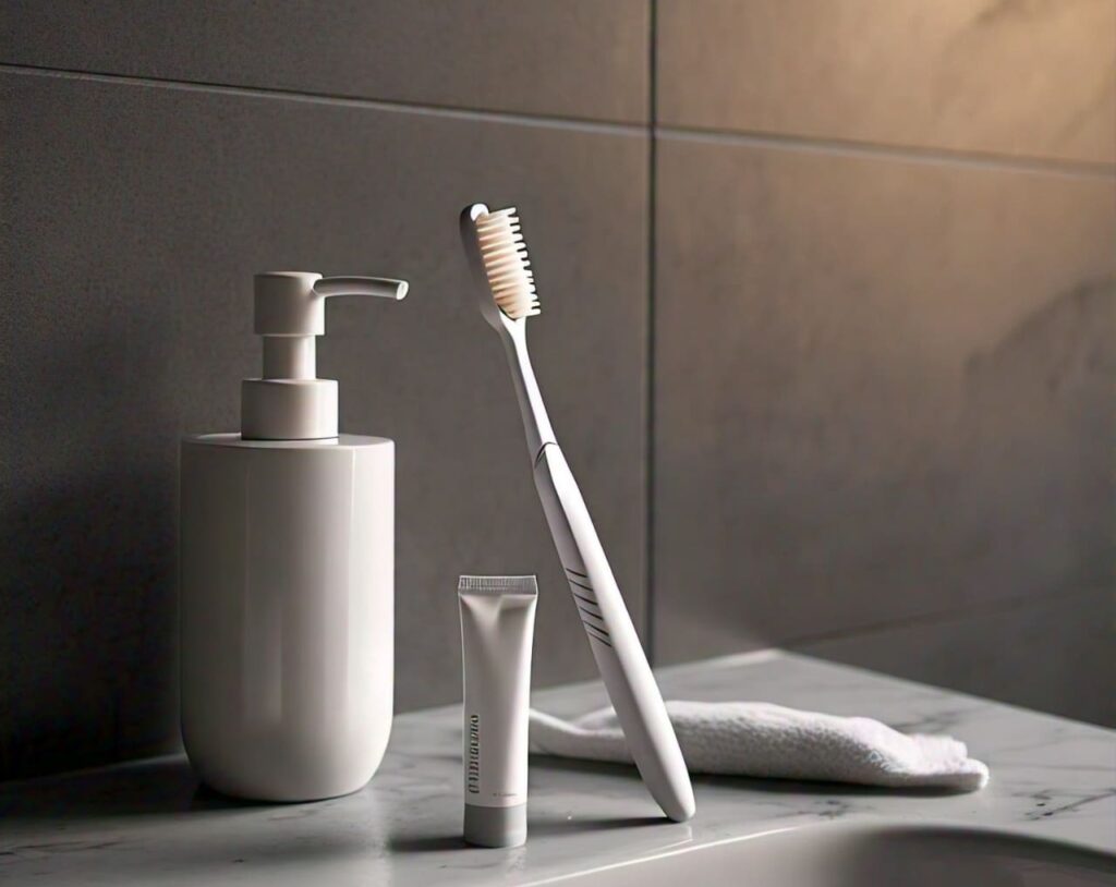 Toothbrush and toothpaste on a bathroom sink, ready for brushing twice a day routine