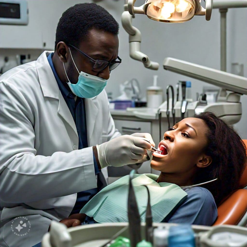 Dentist Examining a Patient’s Teeth Nigerian dentist examining a patient's teeth during a dental check up