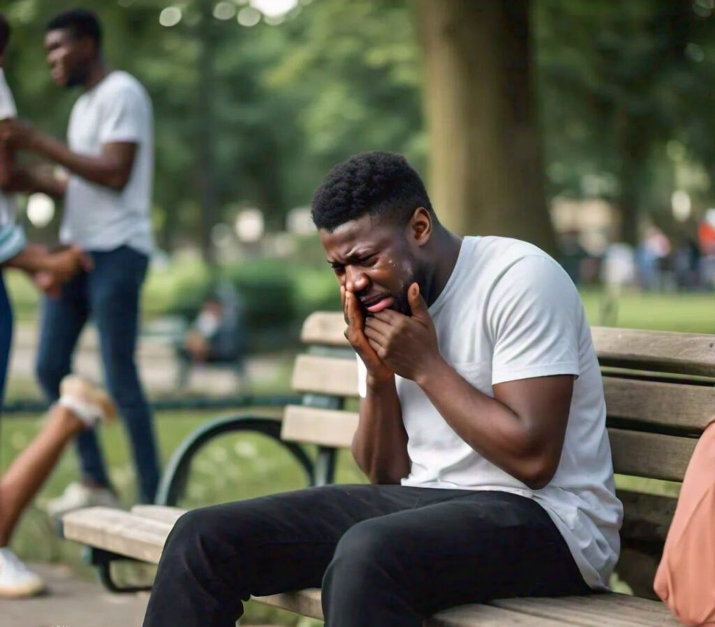 Understanding Impact of Toothache on Wellbeing 1 Nigerian man holding his jaw in pain due to a severe toothache while left alone by his friends. Example of toothache impact on social wellbeing