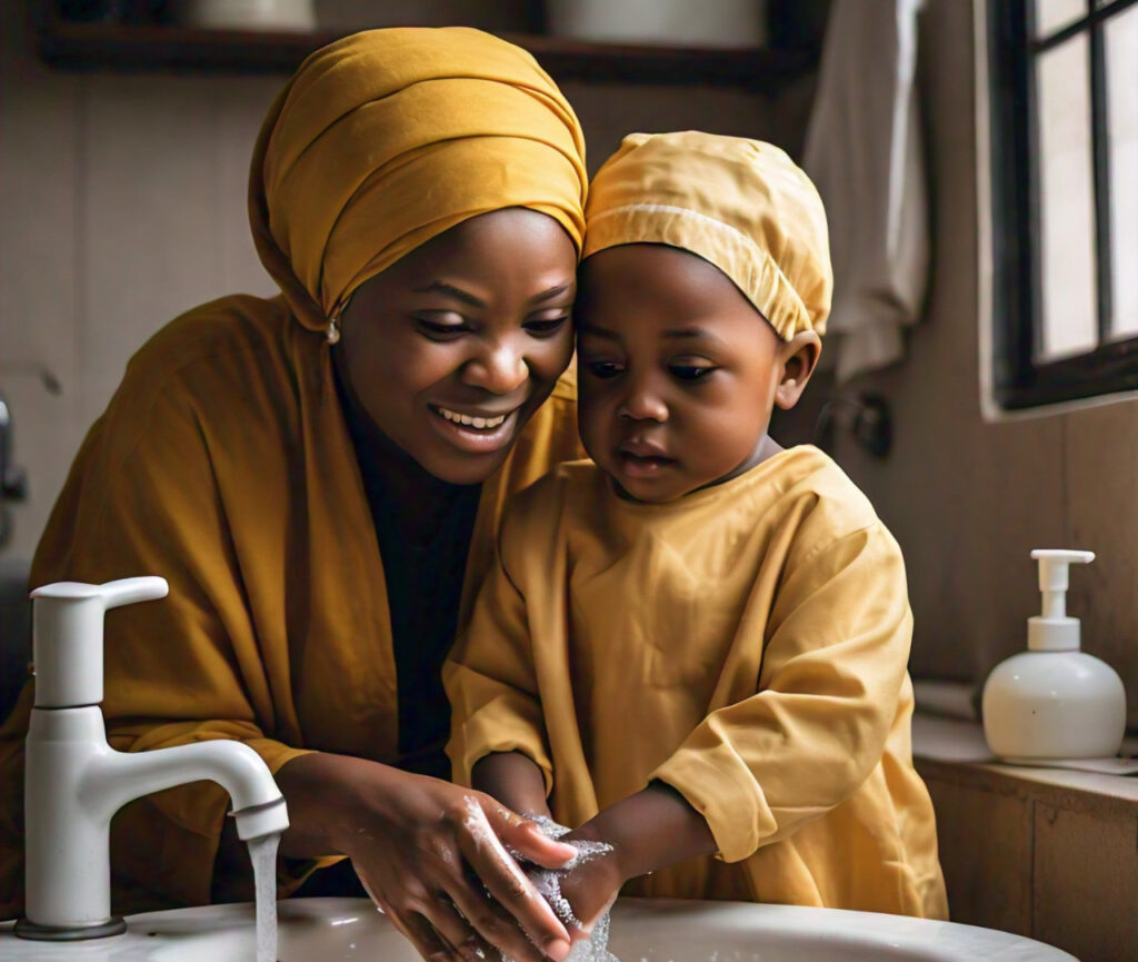 Nigerian mother teaching her child proper handwashing to prevent infections.