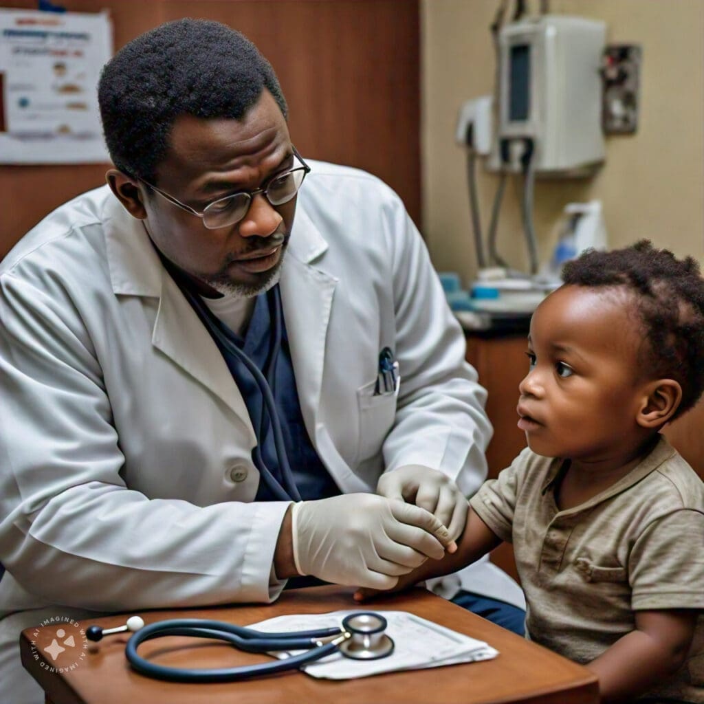 Nigerian pediatrician conducting a health check-up on a child