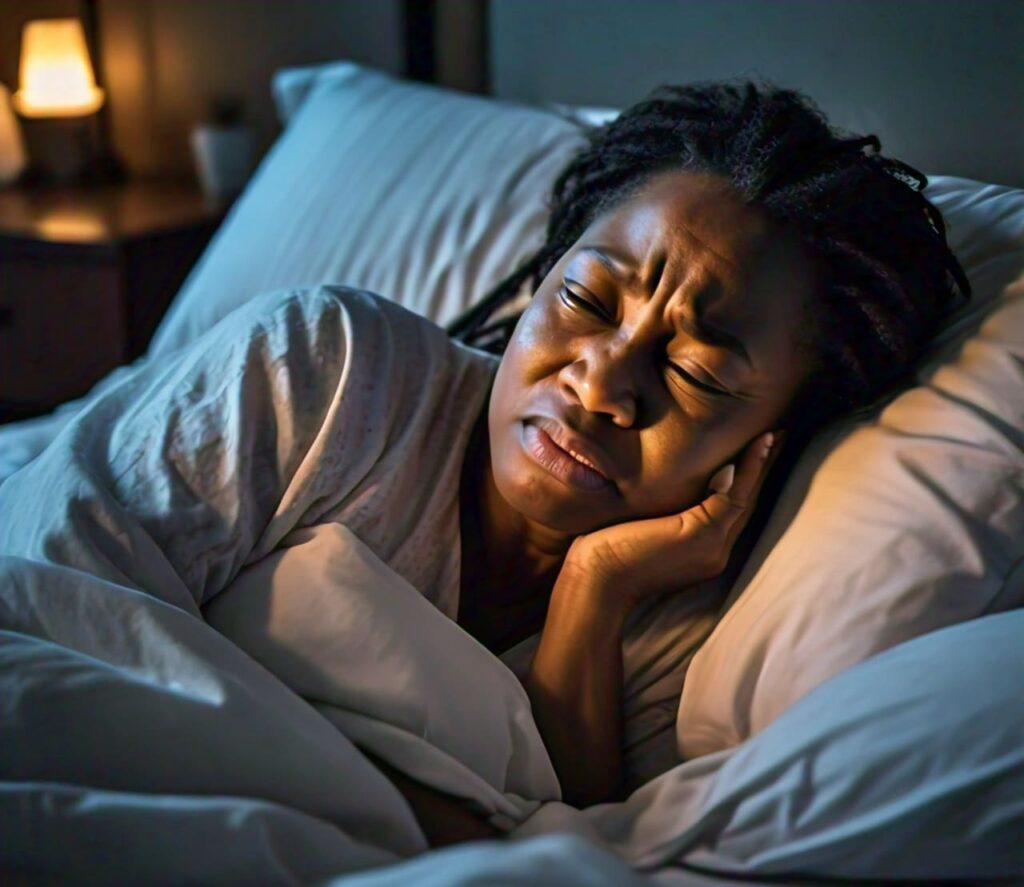 Person Struggling to Sleep Nigerian woman struggling to sleep at night due to toothache pain