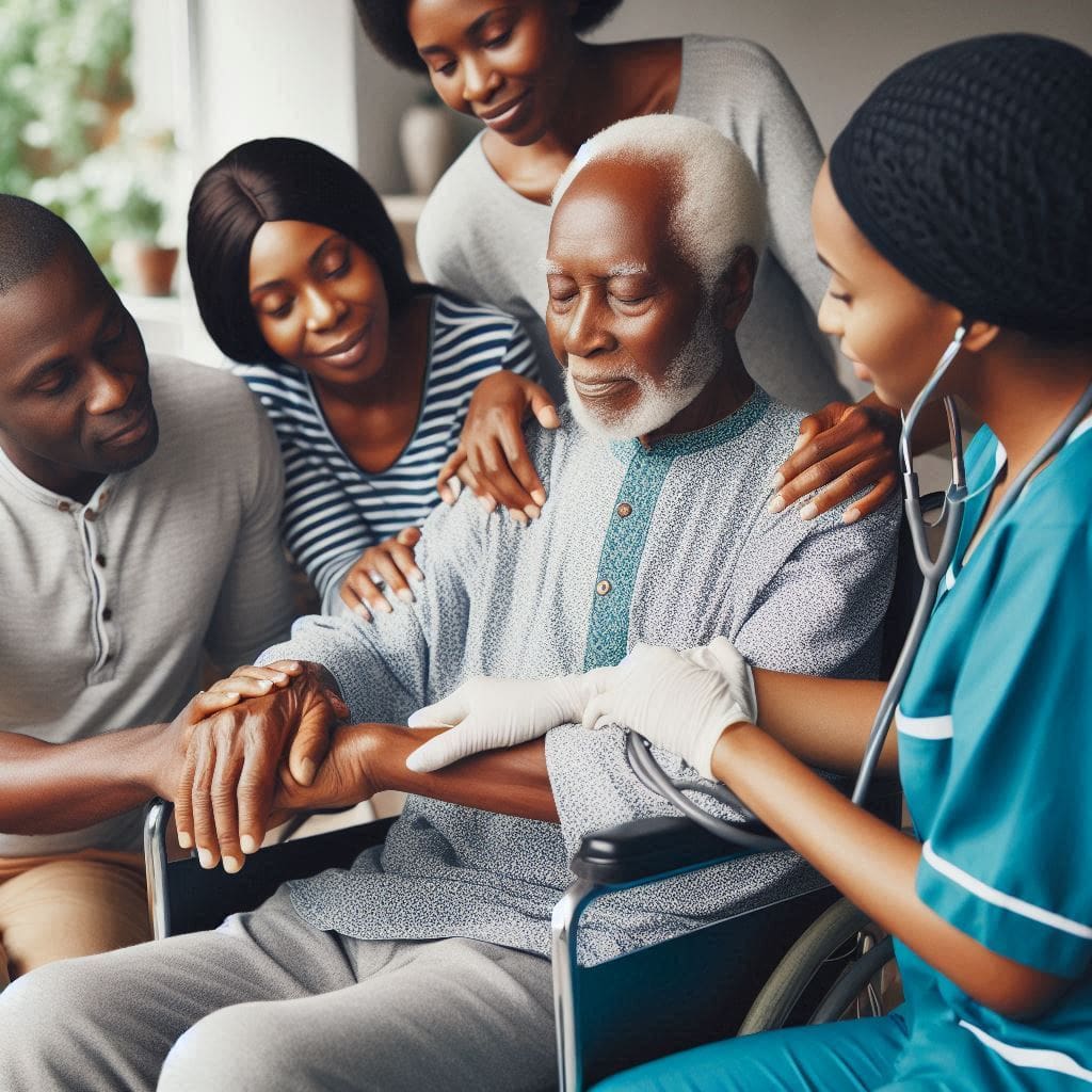 an old man on a wheel chair with his relatives and a nurse- stroke