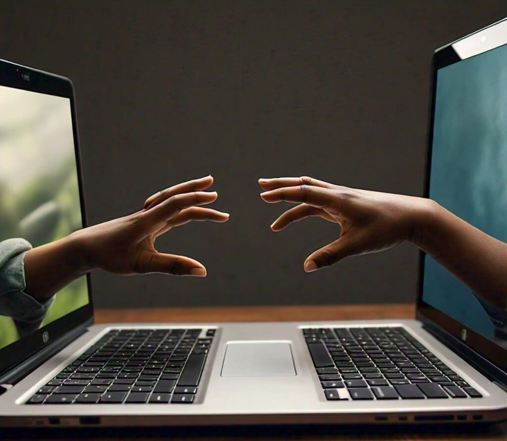 Understanding What Guys Want in a Long-Distance Relationships 1 Two_hands_reaching_out_towards_each_other_through_separate_laptop_screens_symbolizing_the_desire_for_closeness_despite_physical_distance