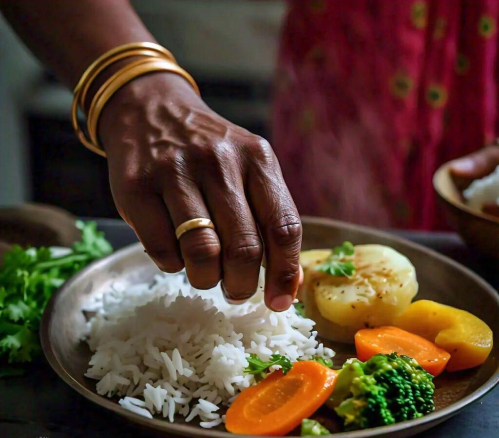 a_dark_skinned_hand_preparing_a_simple_healthy_meal_with_plain_rice_and_boiled_vegetables Preparing a light meal for an upset stomach, including plain rice and vegetables.