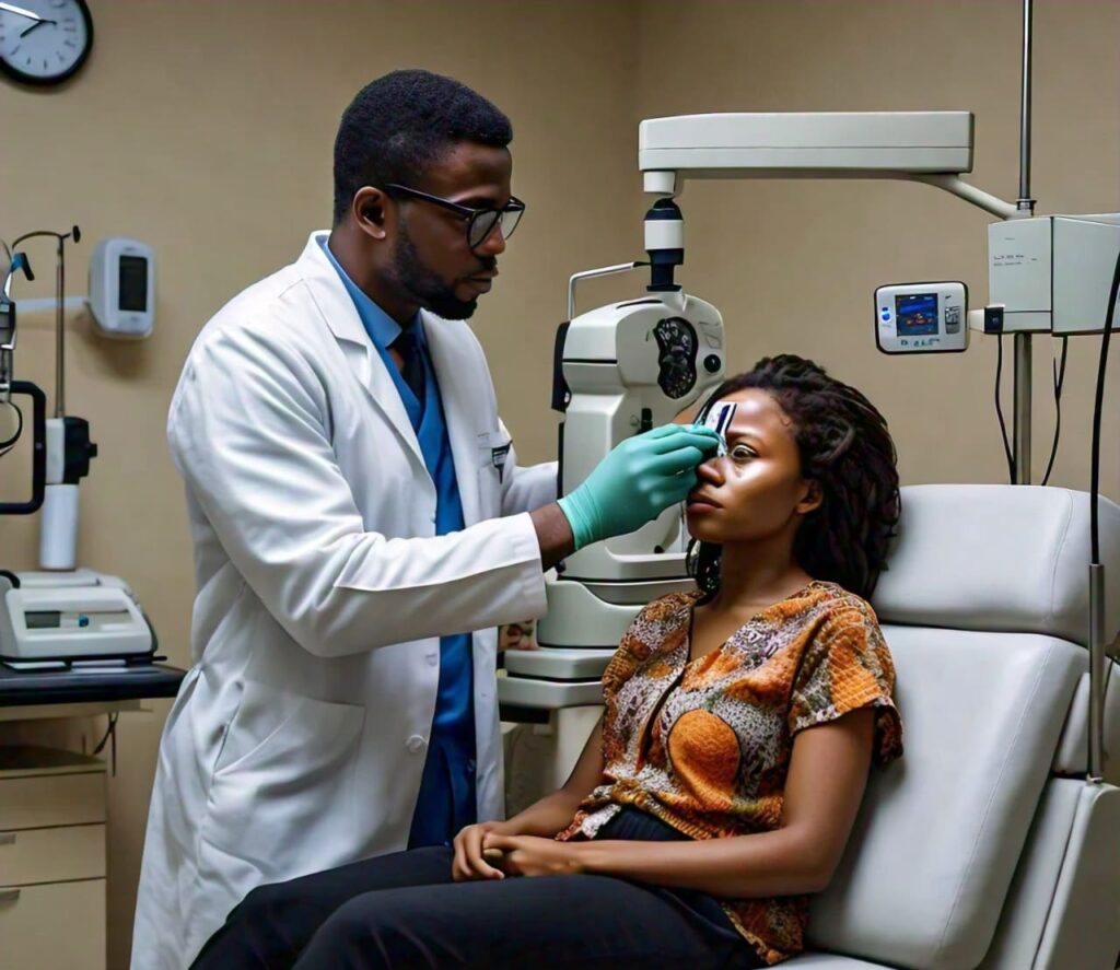 a_nigerian_healthcare_professional_conducting_an_eye_pressure_test_tonometry_on_a_patient Eye health professional performing a tonometry test to measure intraocular pressure for glaucoma diagnosis.
