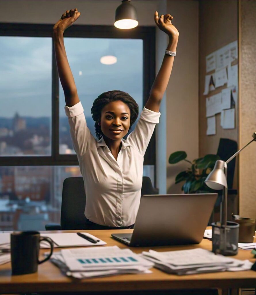 Nigerian remote worker doing desk stretches to stay active during work hours