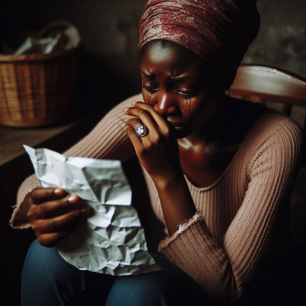 a lady reading a rumpled letter and in tears- revenge