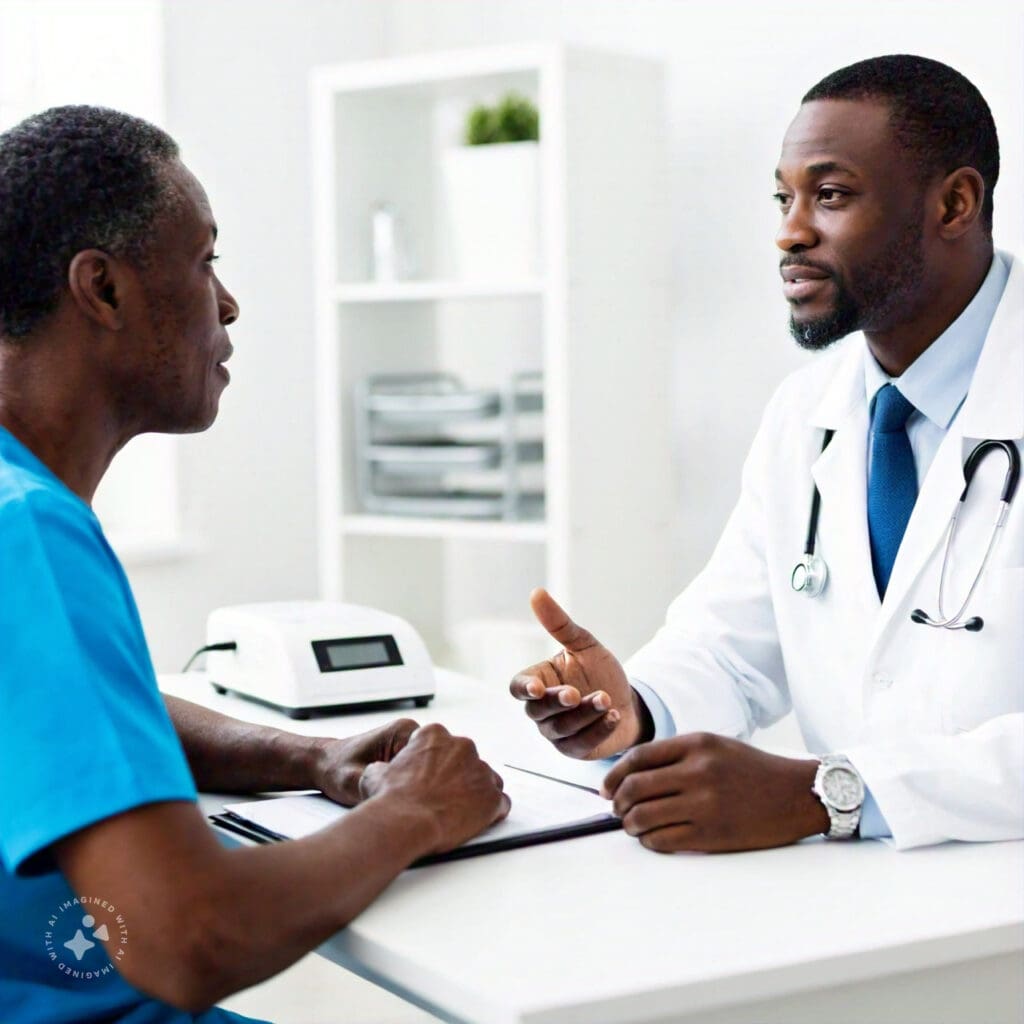 Nigerian doctor discussing heart attack prevention with a middle-aged patient.