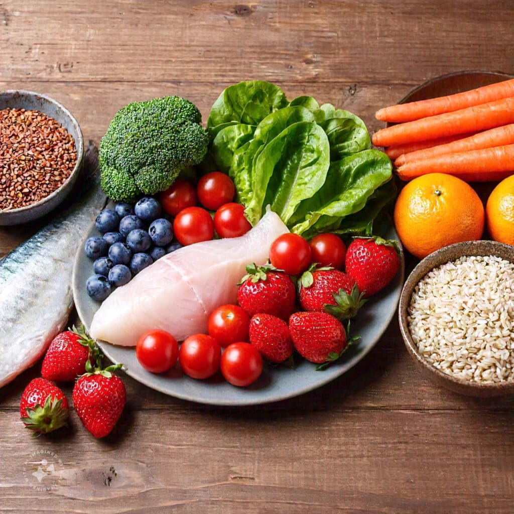 Fresh fruits, vegetables, whole grains, and fish on a table for a heart-healthy diet.