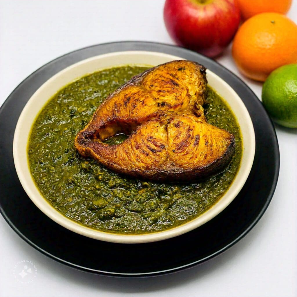 Heart-healthy Nigerian foods, including ugu soup and grilled fish.