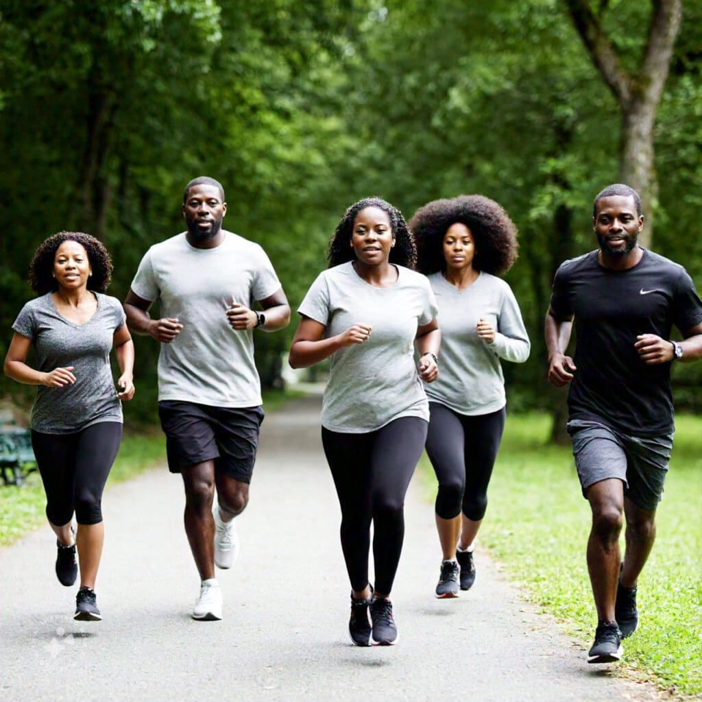 People jogging in a park as part of a heart-healthy lifestyle to manage cholesterol.