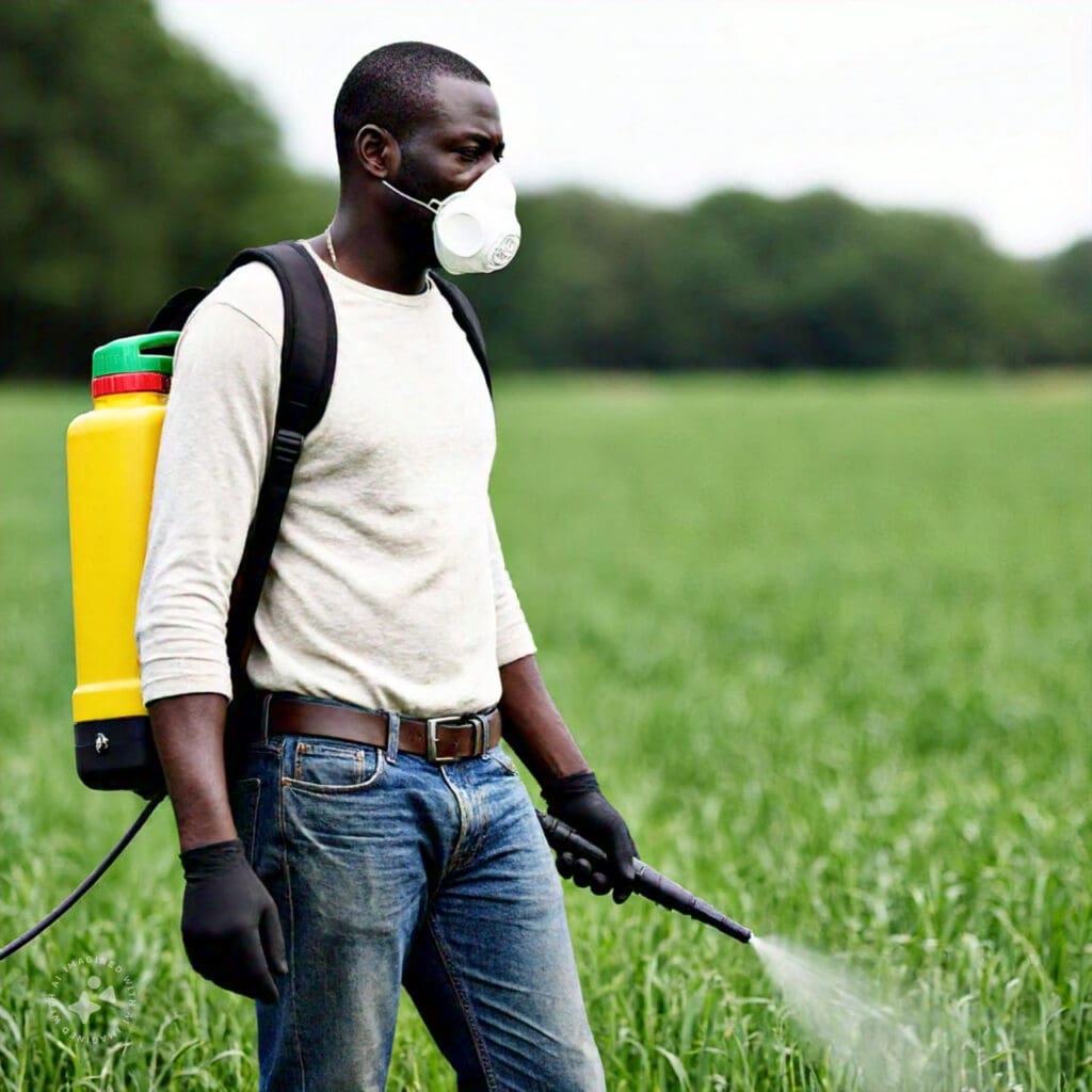 Farmer spraying pesticides on crops, highlighting environmental factors linked to Parkinson’s disease.