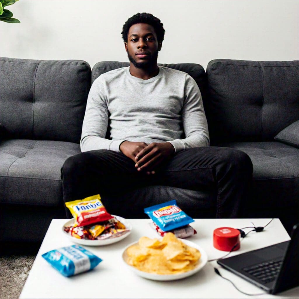 Person sitting on a couch with snacks, emphasizing the impact of a sedentary lifestyle on brain health