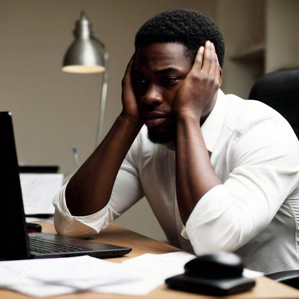 Stressed individual at a desk, demonstrating the impact of chronic stress on brain health and Parkinson’s risk.