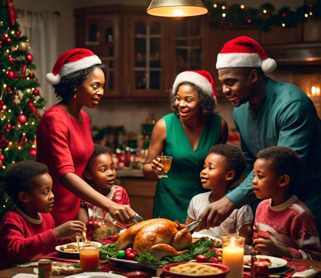 A Nigerian family sharing a meal together during the festive season.