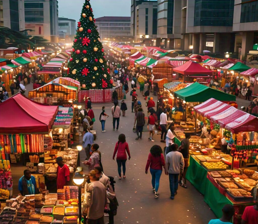 Colorful Nigerian market during Christmas season, filled with decorations and food items