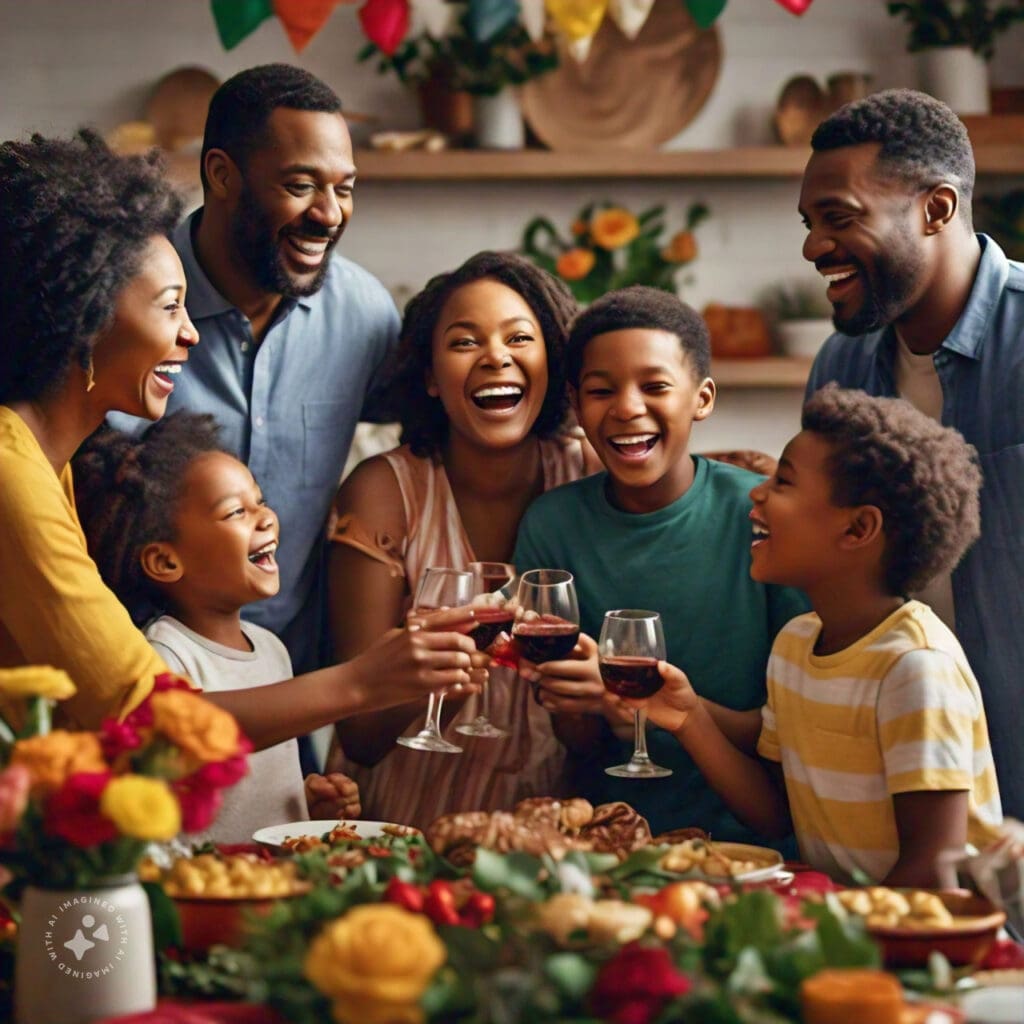 Nigerian family enjoying a festive meal during the holiday season, promoting mental wellbeing through togetherness