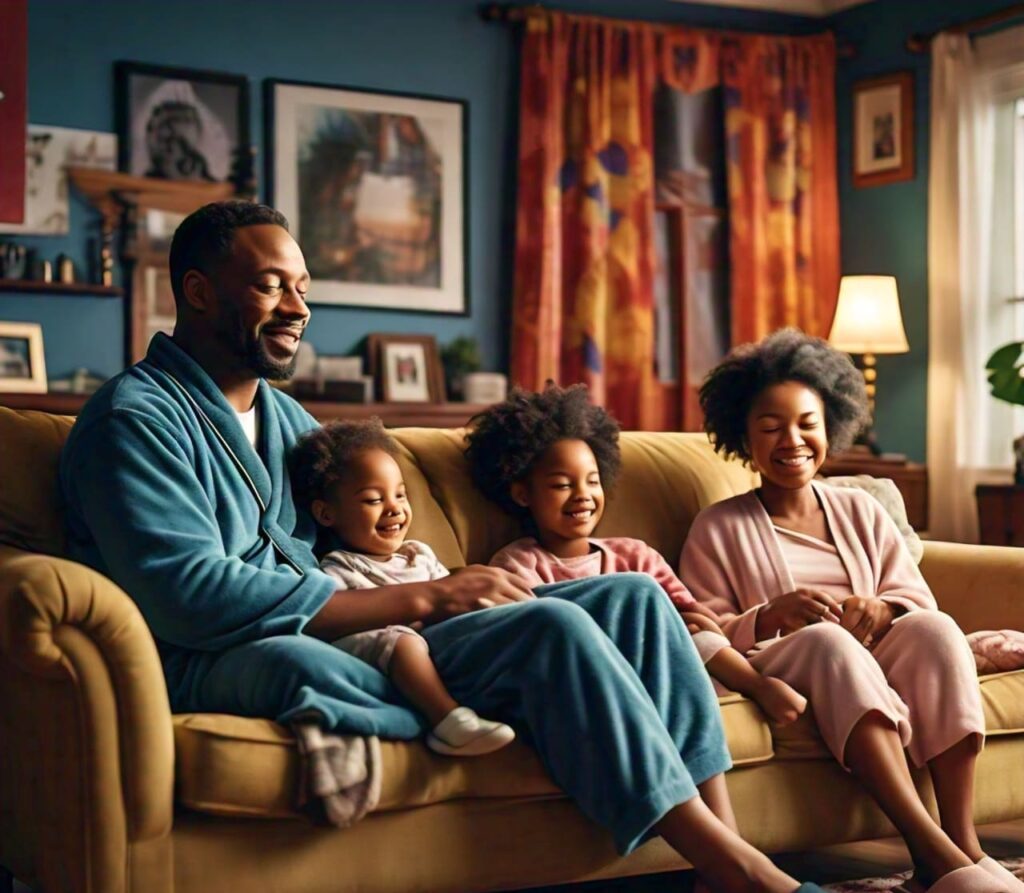 Nigerian family relaxing during the holiday season, promoting self-care and bonding for better mental health