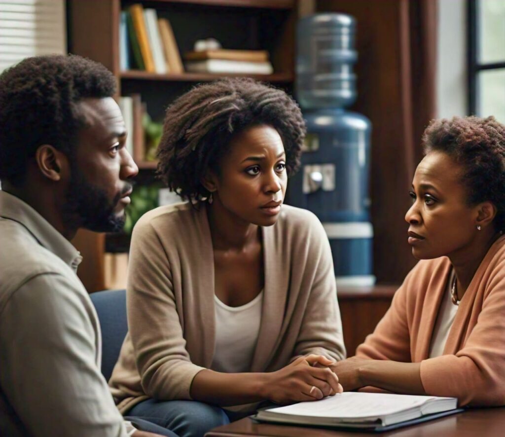 Nigerian relationship counselor offering guidance to a couple