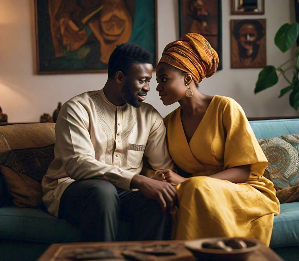 Nigerian couple having an open and empathetic conversation.