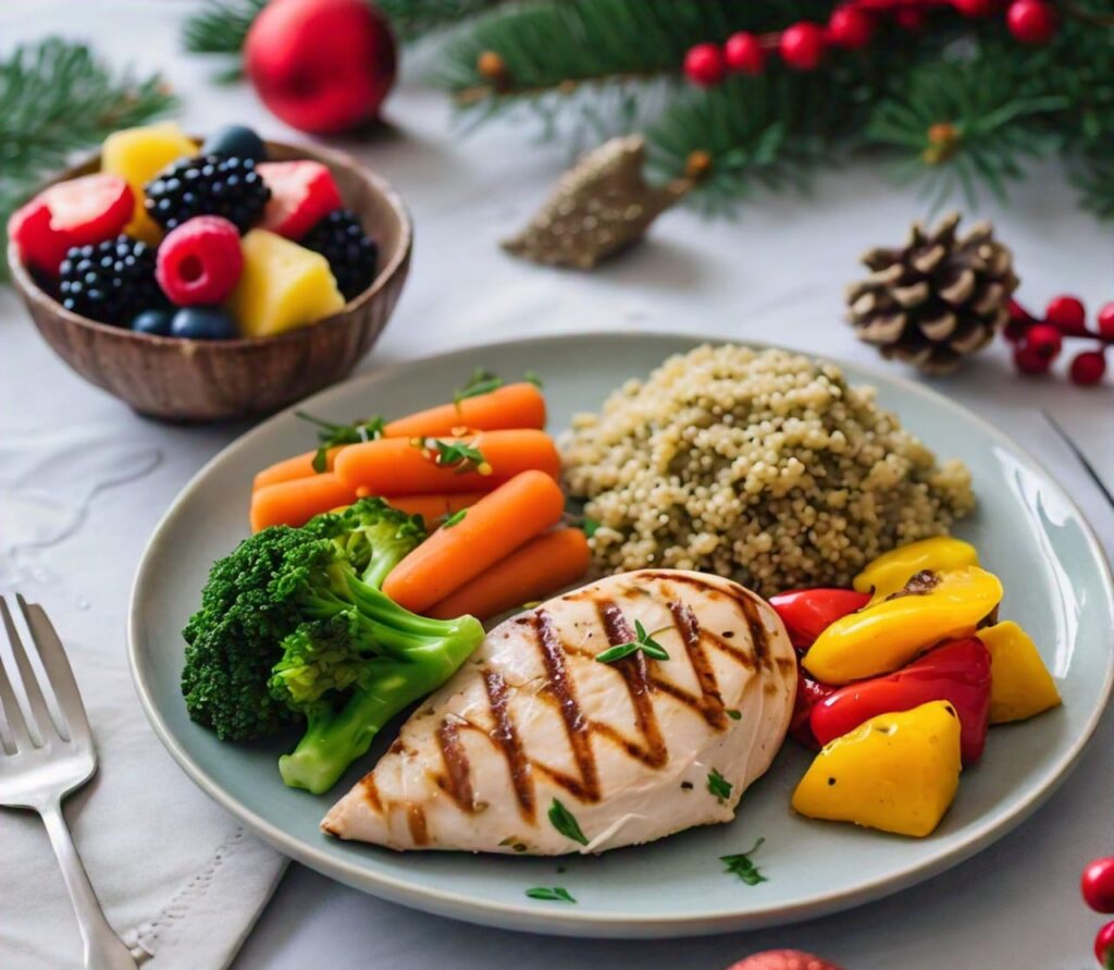 A well-balanced meal on a holiday table, emphasizing physical health and proper nutrition during the Christmas season.